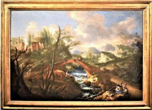 Landschaft mit Ruinen, Brücke, Bach und Fischern